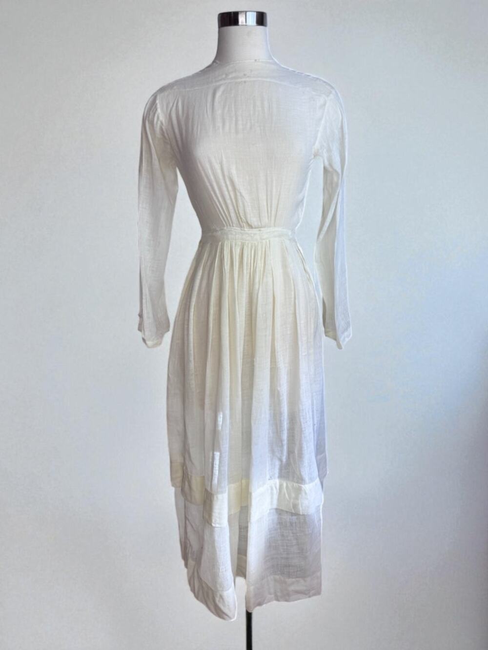 Antique Cotton Gauze Lawn Sheer Dress Underdress White Handsewn Repaired XS